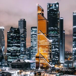 Принт для фотообоев "Закатный луч в Московских небоскребах"
